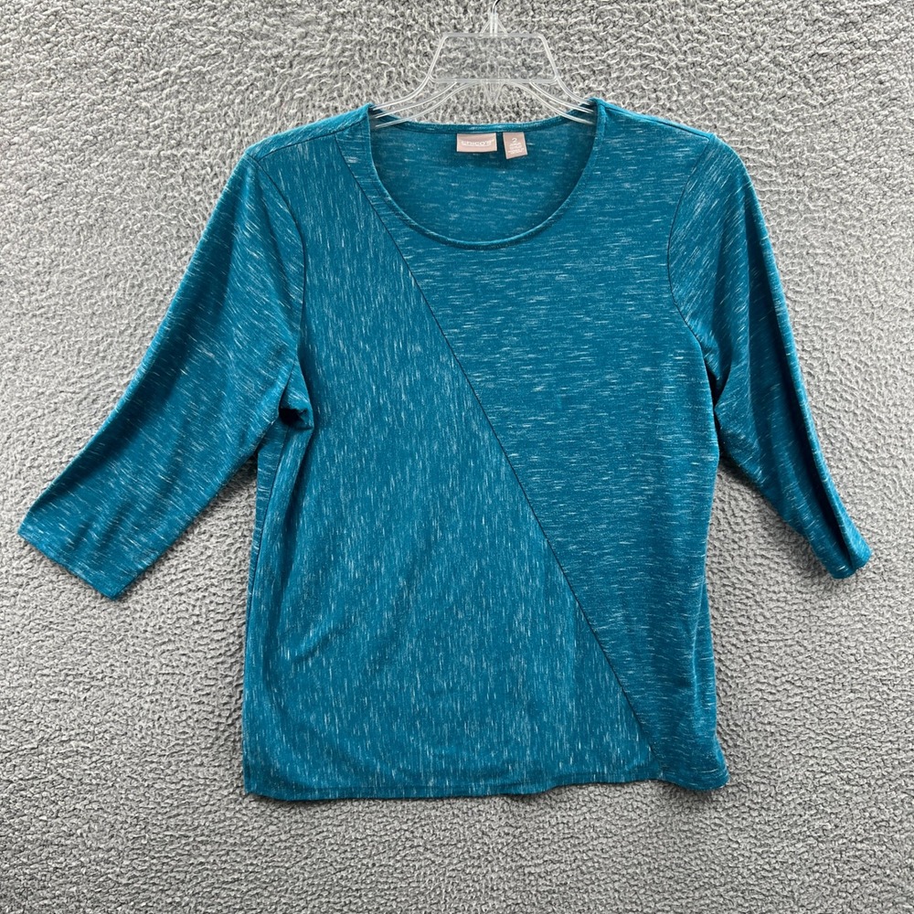 Chicos Womens Asymmetric Panel Top L Blue Heathered‎ Soft Casual Stretch Relaxed